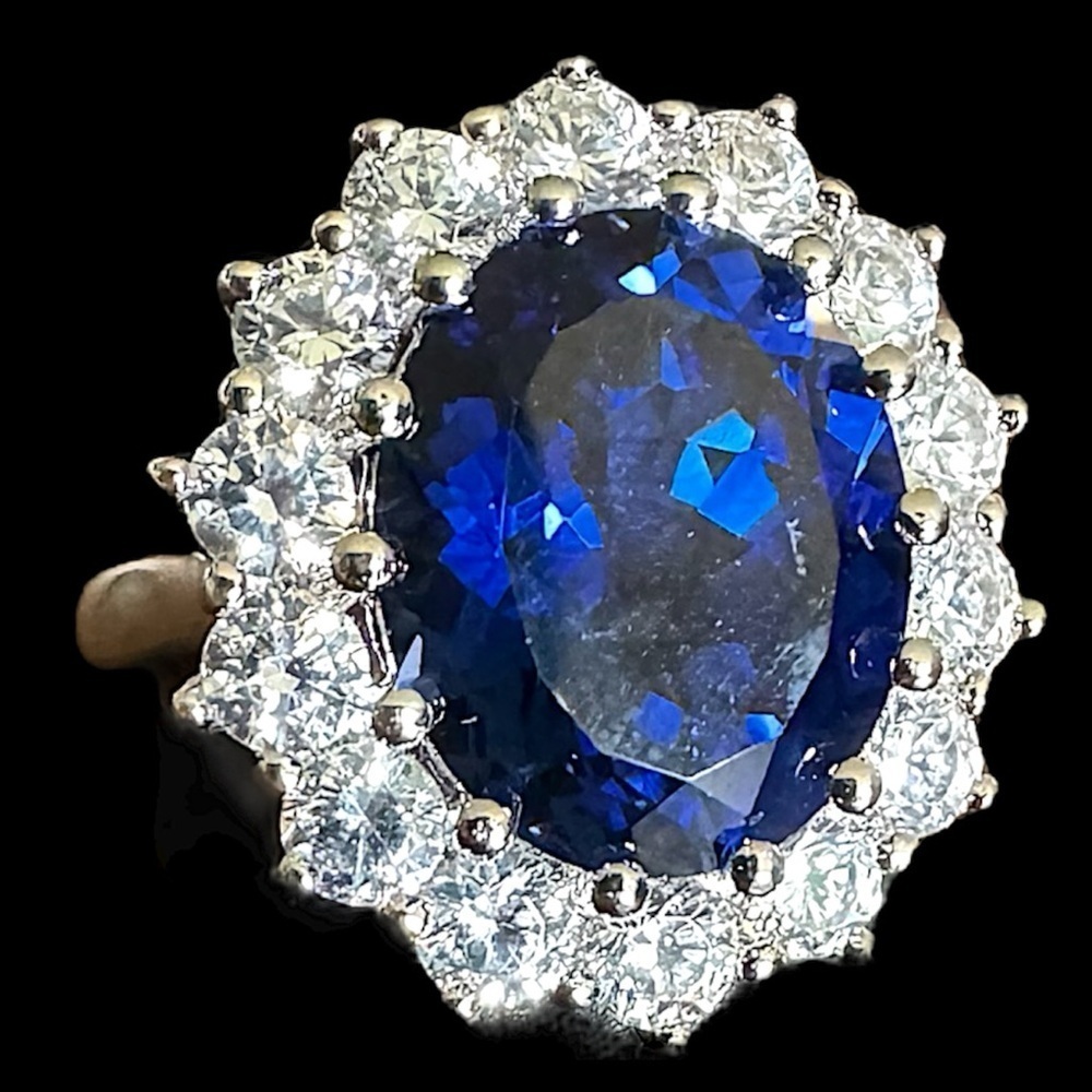 Vintage Genuine Lab Sapphire CZ Halo 925 Silver Ring Size 7 Princess Diana Style